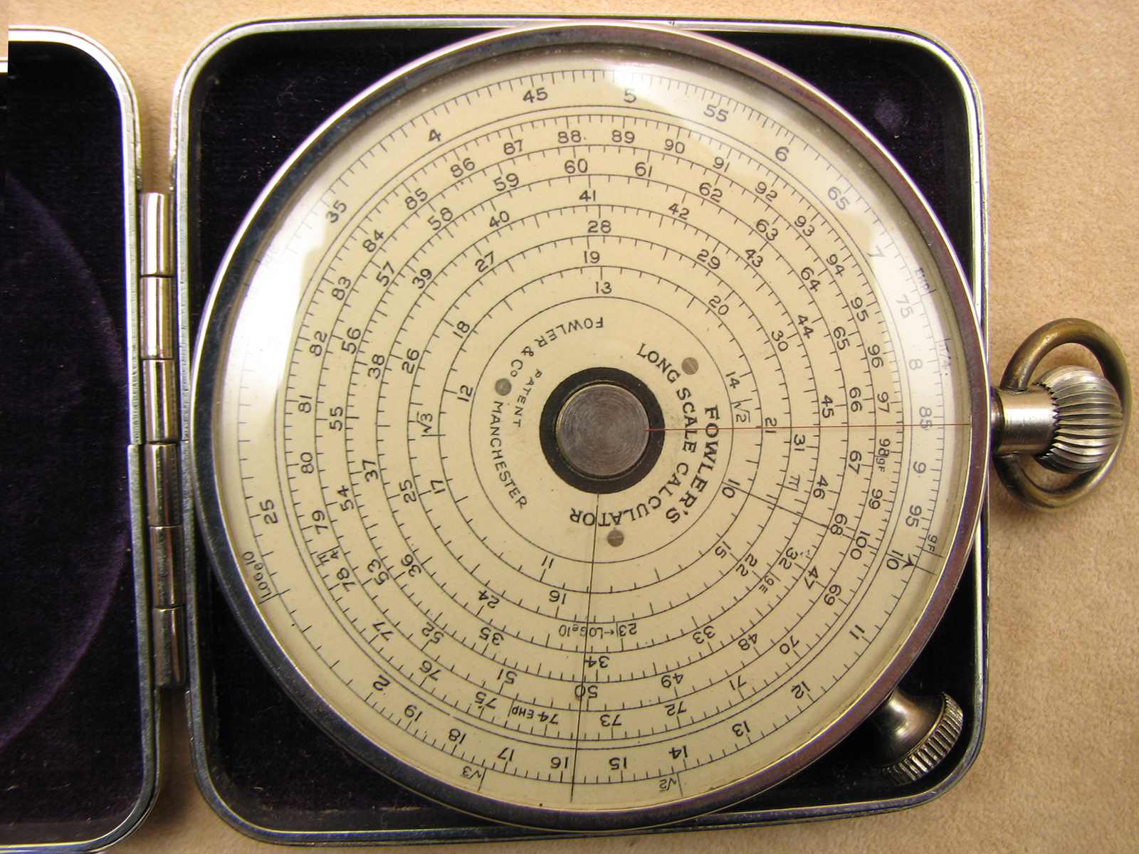 1930's Fowler's double sided Long scale pocket calculator in nickel case